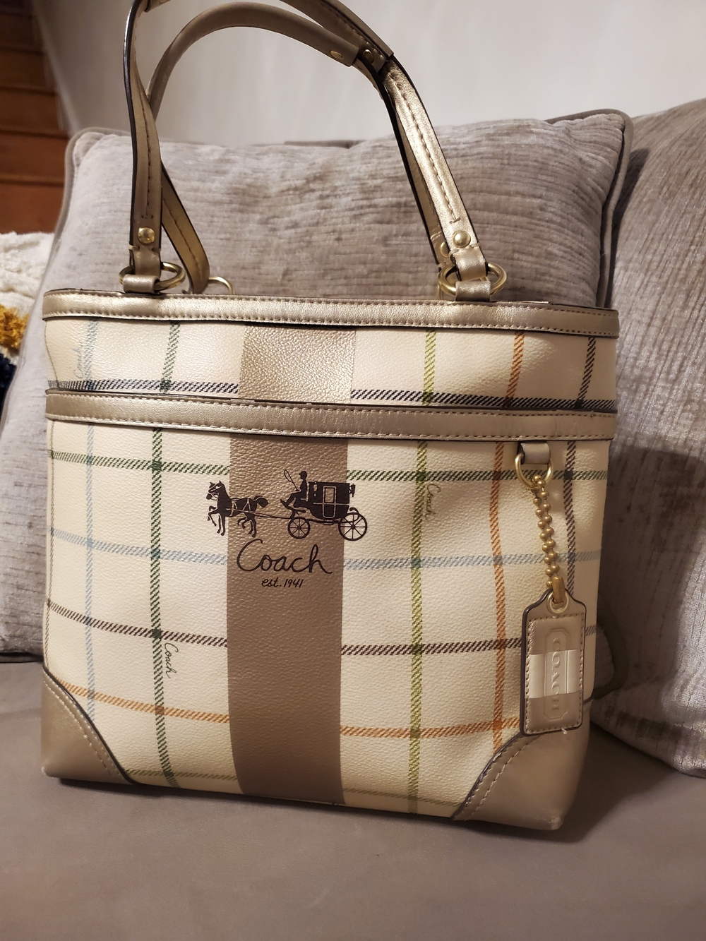 Coach Plaid Leather Tote Bag in Cream and Tan Womens Bag